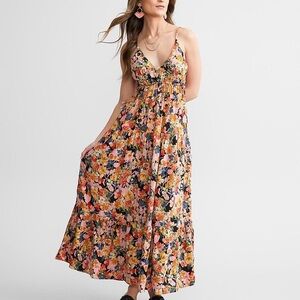 Angie Floral Black Multi Color Smocked Maxi Dress - Open Tie Back - Flowy